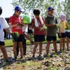 首都高速道路、大橋ジャンクションの換気所屋上に現れた水田で小学生が田植えを体験