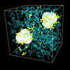 ナノ領域におけるゴム分子シミュレーション。白い塊がシリカ、黄色い粒が軟化剤、青いものは高分子ポリマー