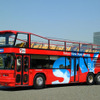 オープン型観光バス、中央分離帯に乗り上げる
