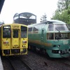 久大本線由布院駅に停車中の特急『ゆふいんの森』（右）。「ゆふいん平日女子旅きっぷ」で利用できる。