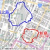 2013年12月17日時点の西之島と新しい島の縮尺と位置をそのままに東京駅周辺の地形図に重ねてみた。西之島は東京駅をほぼすっぽりと覆うが、南側の京葉線ホームは島の外。新しい島は京橋駅付近を覆っている。