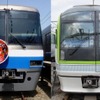 「博多どんたく」にあわせて掲出されるヘッドマーク。写真右は七隈線3000系、左は空港・箱崎線の2000系。