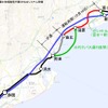 富士～静岡間の鉄道路線図。東海道本線は富士～由比間（赤）が再開した。10月11日からは蒲原～興津間で代行バス（緑）が運行される。富士～新富士～静岡間のシャトルバス（緑）と東海道新幹線（青）による代替輸送も引き続き行われる。