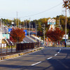 稲生駅に続くサーキット道路。歩道を行く人の姿はない