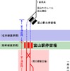 今回開業するのは富山地鉄の市内電車が乗り入れる南側の区間（赤）。現在の富山駅前停留場は「電鉄富山駅・エスタ前」に改称される。
