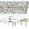伏屋駅付近立体交差事業の平面図と縦断面図。今回は下り線のみ高架線に切り替える。