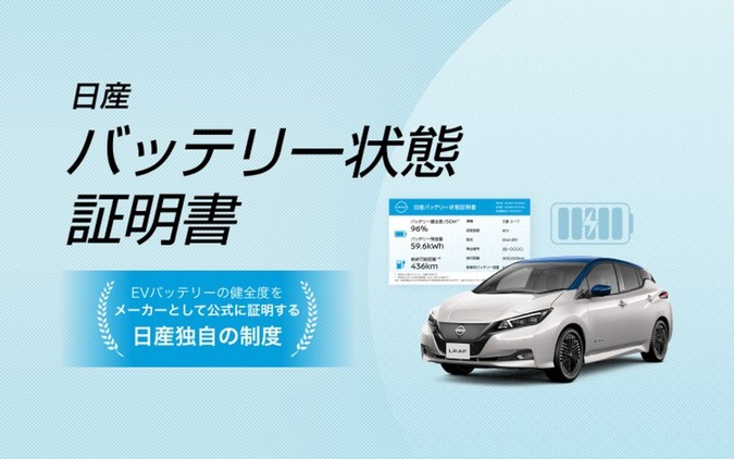 日産、中古EV「バッテリー状態証明書」のトライアル運用を開始…バッテリー健全度を公式証明 画像