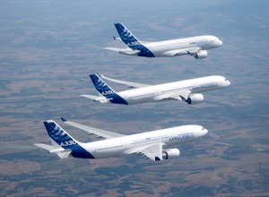 手前からA330、A350XWB、A380による編隊飛行。　(c) Airbus