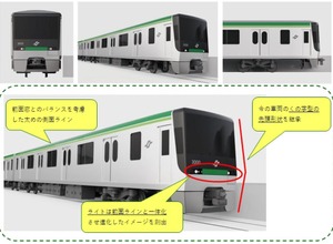 現行車両を受け継いだ「くの字」スタイルで、ラインとライトが一体化した前面デザインが特徴のA案「南北線車両からの進化」。