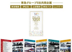 5社の歴史が台紙に折り畳まれている東急グループ創立100周年記念乗車券。右端の「じょうてつ」は1969年10月まで鉄道事業も行なっていた北海道の定山渓鉄道が前身で、当時の鉄道車両も掲載されている。