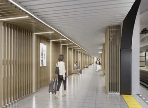 浅草駅5番ホームのリニューアルイメージ。「光の自然や荘厳さを感じさせる木目調の装飾と光の演出を多用したデザイン」とされる。