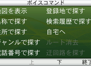 「ボイスコマンド」と、ちょっと声を張り気味に言うとこの画面が表示される。続いていずれかのコマンドを発話する。