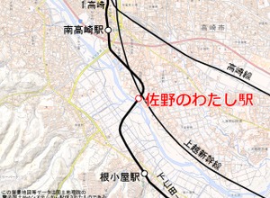上信電鉄の佐野のわたし駅の位置。南高崎～根小屋間の高崎市上佐野町内に設けられる。