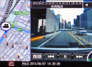 美優Navi対応ドラレコ CA-DR01Dからの映像。マップ連動表示にも対応する
