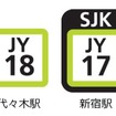 駅番号の表示例。アルファベット2文字の路線記号と各駅ごとの数字2桁による番号が付与される。主な駅には三文字略称（スリーレターコード）も設定される。