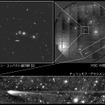 HSC の視野全体（右上）の中央付近に写る元々の観測対象 HCG 59（左上に拡大図） と端に写り込んだチュリュモフ・ゲラシメンコ彗星（下に拡大図）の位置関係
