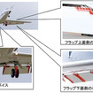 低騒音化デバイス（フラップと主脚の赤い部分）を装着して飛行する「飛翔」と各デバイスのアップ