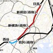 神奈川東部方面線は相鉄・JR直通線（青）と相鉄・東急直通線（赤）で構成される。