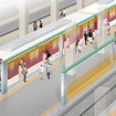 大阪阿部野橋駅に設置されるホームドアのイメージ。ワイヤーロープを使った昇降式を採用する。