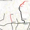 大阪府北部の主な鉄道計画（赤）。府は彩都線彩都西～東センター間の延伸計画を中止する方針を決めた。