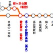 大船渡線BRTの運行ルート。陸前矢作方面と気仙沼線方面の接続点も陸前高田駅と一緒に市役所付近からアバッセたかた付近に移転する。