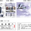 「E353系デビュー記念入場券」の台紙（上）と硬券入場券のイメージ（下）。台紙には、裏面にインテリア、内側に運転台の写真が掲載されている。