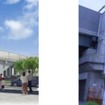 南吹田駅のイメージ（左）と建設中の駅（右）。周辺は神崎川の水資源を活かして発展したことから、駅舎はその水路の風景をイメージしている。