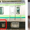 営業列車に搭載されている軌道変位モニタリング装置の取付位置（左）と装置の状態（右）。