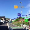 路側センサーの設置場所の様子と歩行者検知イメージ。（1）指定エリアで常時、歩行者を検知、（2）横断エリア手前約50mの地点にバスが接近したことを通知、（3）歩行者が検知されている場合、バスへ歩行者などの存在を通知、（4）バスの通知と同時に回転灯が点灯。
