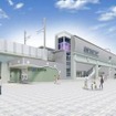 梅小路公園や京都駅西部エリア観光の玄関駅として「京都の町並みの『縦格子・縦縞』、京友禅の反物の『縦長矩形』を想起させる形態」とする梅小路京都西駅の駅舎イメージ。