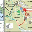 延伸区間の位置図（左）と概略ルート・駅位置図（右）。川崎市内を通過するルートは3案が検討されており、既存バス路線との連携が図れること、新百合ヶ丘駅がある麻生区のほか、宮前区や多摩区にも波及効果が高いなどの理由で、東側が有力とされている。