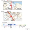 大船渡線BRTに新設される唐桑大沢駅（上）・西下駅の位置（中）と3月16日からの路線図（下）。
