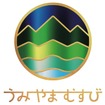 『うみやまむすび』のロゴマーク。上部は山、下部は海の波を表わし、下から上へ変化する車窓をイメージ。右のロゴタイプは、一本のレールで海から山、山から海へ往来するイメージを文字化したという。