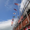 グランドスタンドに掲揚されている国旗は参加選手の国籍が反映されていて日章旗もある（マン島TTレース2019）