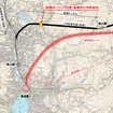 試掘ボーリングの位置。鉄道・運輸機構では、長崎市の都市計画図を基に発注用の図面を作成したが、長崎トンネルの位置については、国土地理院の地図を基にしていたという。