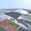 2020年3月のダイヤ改正を機に開業する東海道本線御厨駅のイメージ。駅舎は橋上式で、構内は2面2線。自由通路は東海道新幹線と東海道本線を跨ぐ位置に架かる。