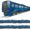 有料座席指定快速用のSR1系は「沿線に爽やかな新風を」をコンセプトに、車体色をロイヤルブルーと115系のDNAを承継したというシャンパンゴールドの組合せに。側面の緑と水色のラインは山並と清流を表現したもの。