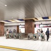 新綱島駅改札付近のイメージ。「綱島の街の移り変わりを感じる駅」をコンセプトに建設され、構内は1面2線でホームドアを設置。改札口1ヶ所、エレベーター2基、エスカレーター13基を備える。