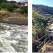 流出した豊後中村～野矢間に架かる第二野上川橋梁。左が被災直後、右が現在の状況。