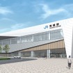 「コウノトリが飛翔する未来への道標となる駅」をデザインイメージとした「越前たけふ」駅（仮称・南越駅）。北陸新幹線では唯一、平仮名書きが混じる駅となる。
