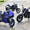 250ccバイクの異種3モデルを揃えた。左からヤマハ YZF-R25、スズキ ジクサー250、ホンダ レブル250