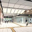 越前たけふ駅のコンコースイメージ。中央部の天井に取り付けられる照明は、越前和紙の「流し漉き」と呼ばれる技法の動きを表現する和紙照明となる。
