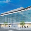 北東側から見た高松駅ビル（仮称）のイメージ。奥が駅舎部分の既存棟。
