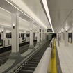 「地下構造が美しい駅」をコンセプトとした大国町駅のリニューアルデザイン。同駅は四つ橋線と同一階で交わる駅で、それを支える地下構造の美しさを強調。天井には美しさを際立たせるためのライティングが施される。