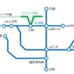 近鉄の路線図。緑のラインが第三軌条区間。架空電車線方式の近鉄奈良線東生駒駅付近（生駒駅の近鉄奈良駅方）には、第三軌条方式の近鉄けいはんな線との連絡線があり、国内の鉄道では唯一の存在となっている。