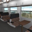 北海道の自然を感じ取れる雰囲気にした観光仕様のH100形の車内。座席の生地を北海道の自然や風景をモチーフとし、センターテーブルには北海道産のタモ材を使用。吊り手も木製となる。