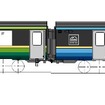 『SATONO（さとの）』のサイドビュー。1号車は「草木の芽吹く様子を表した若葉色や、深い山々をイメージした」という濃い緑、2号車は「清らかで雄大な川の流れや広い空を表した水色や、深い海をイメージした」という濃い青をベースカラーとし、東北地方の豊かな風土を表現。