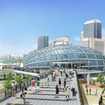 「大阪城東部地区のまちづくりのコンセプトと合致し、西の拠点と対峙する『シンボリック、かつ、インテリジェンス（知）・イノベーション（革新）・インキュベーション（新規事業等の孵化）』を球体が浮かび上がってくるイメージで表す唯一無二のデザイン」とされる森之宮新駅のエクステリア。