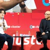 クラスターの加藤CEO（向かって左）とトヨタの中嶋部長。爆創クラブ制作発表会（東京ゲームショウ2023）