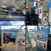 左上：スケルトンドアエンジン（降車口｜ドアの開閉の仕組みが分かる）、左下：電気機器を集中制御している「リレーボックス」、右上：スケルトン整理券器、右下：スケルトン運賃箱